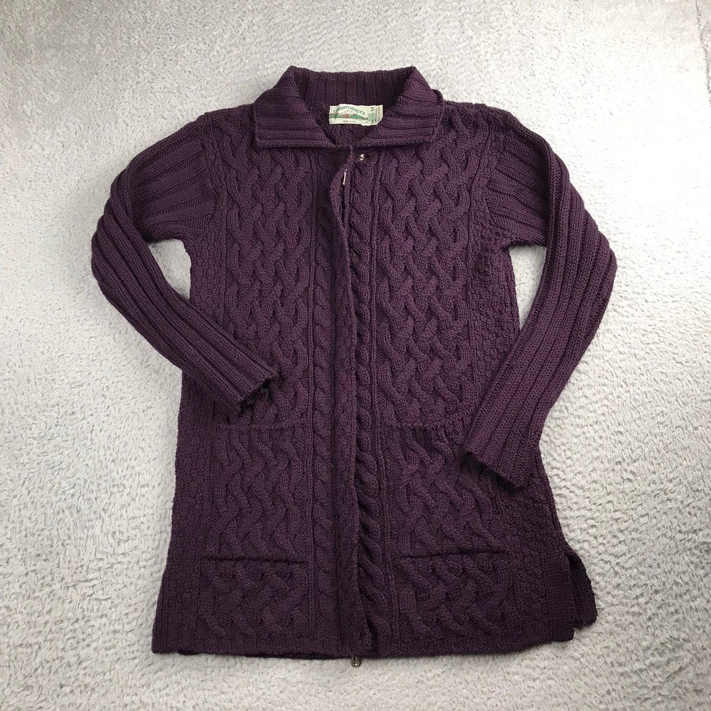 Aran Crafts Cardigan Sweater Womens M Purple 100% Merino Wool Zip Up Cable Knit